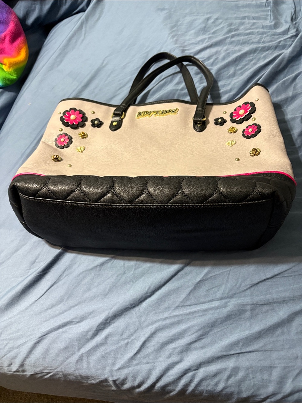 Betsey Johnson Cream Tote with Black Base and Pink Floral Accents nwot - Picture 5 of 16
